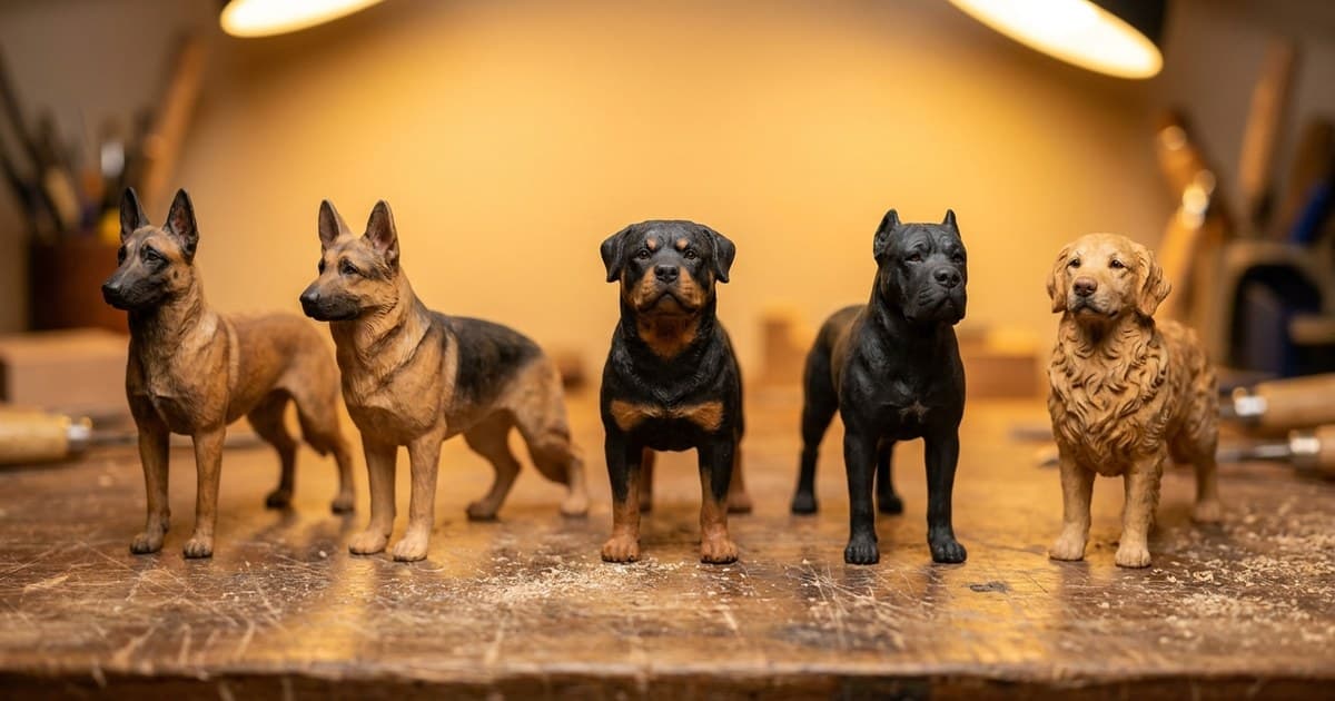 A lineup of five finished miniature dog wood carvings on a craftsman's bench