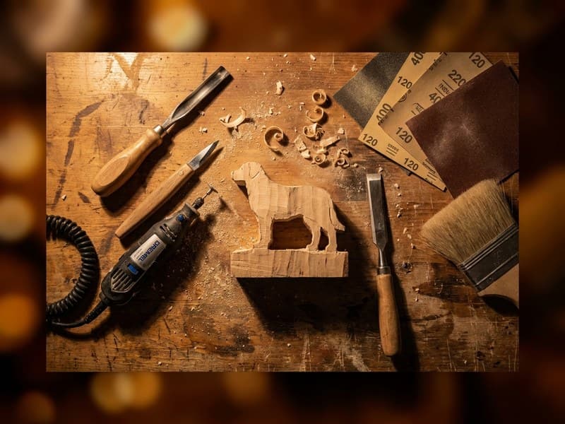 A craftsman's workbench with a gouge, detail knife, Dremel, chisel and sandpaper around a partly carved basswood dog blank